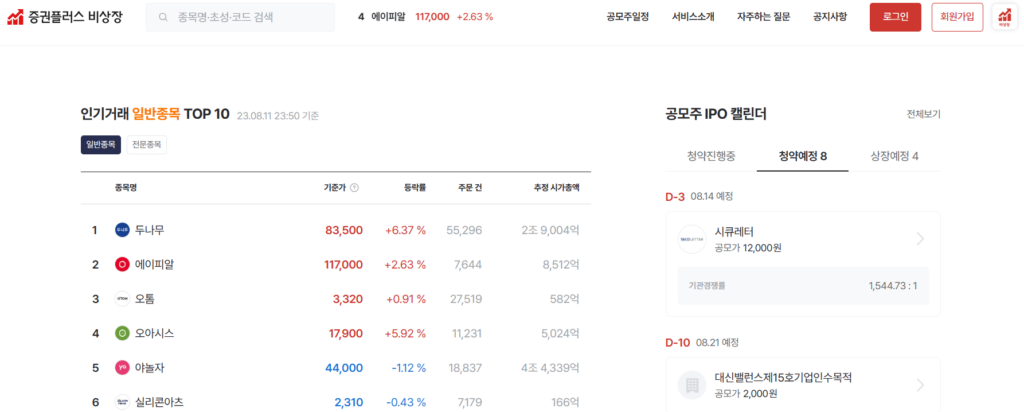 비상장주식을 거래 할 수 있는 플랫폼 중 하나인 증권플러스 비상장의 홈 화면이다