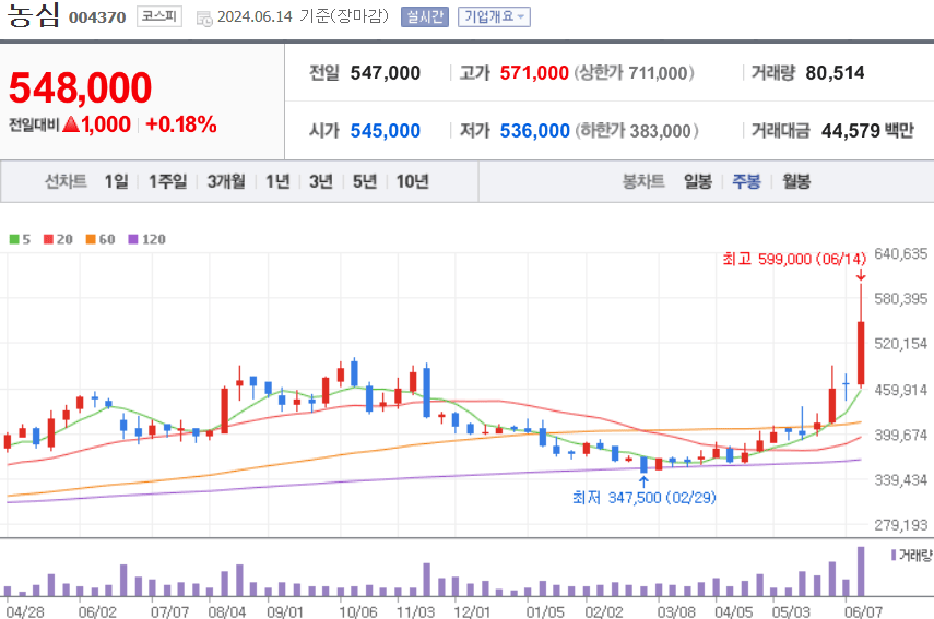 농심 주식 차트