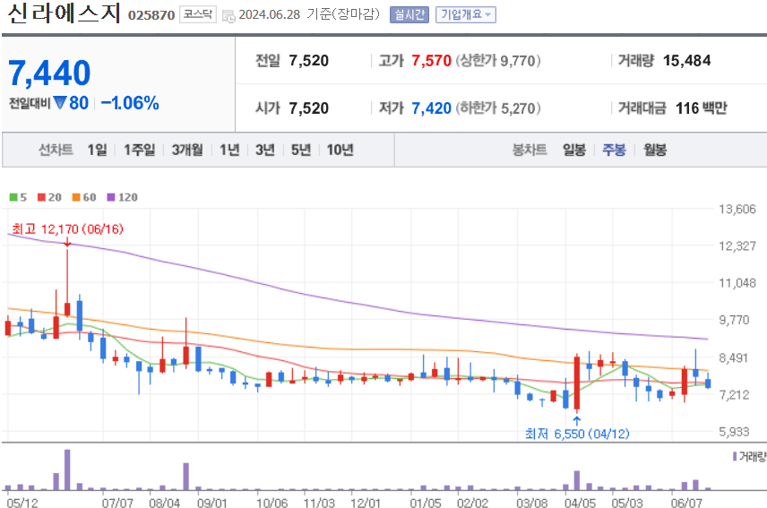 신라에스지 주식 차트