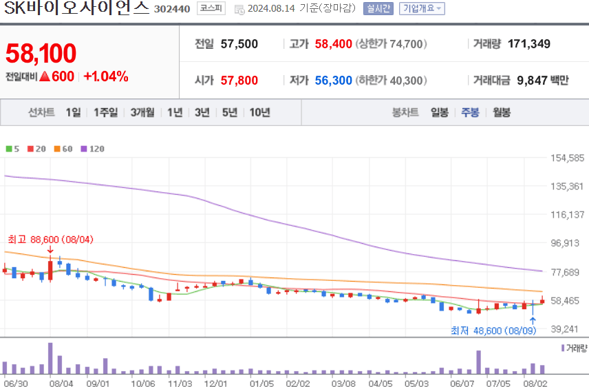 SK바이오사이언스 주식식 차트