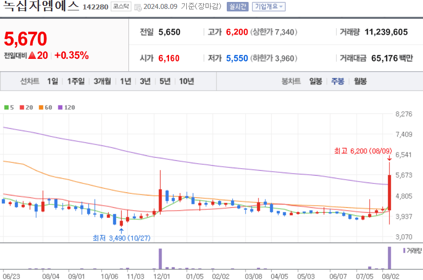 녹십자엠에스 주식 차트