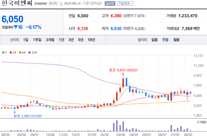 한국비엔씨 주식 차트